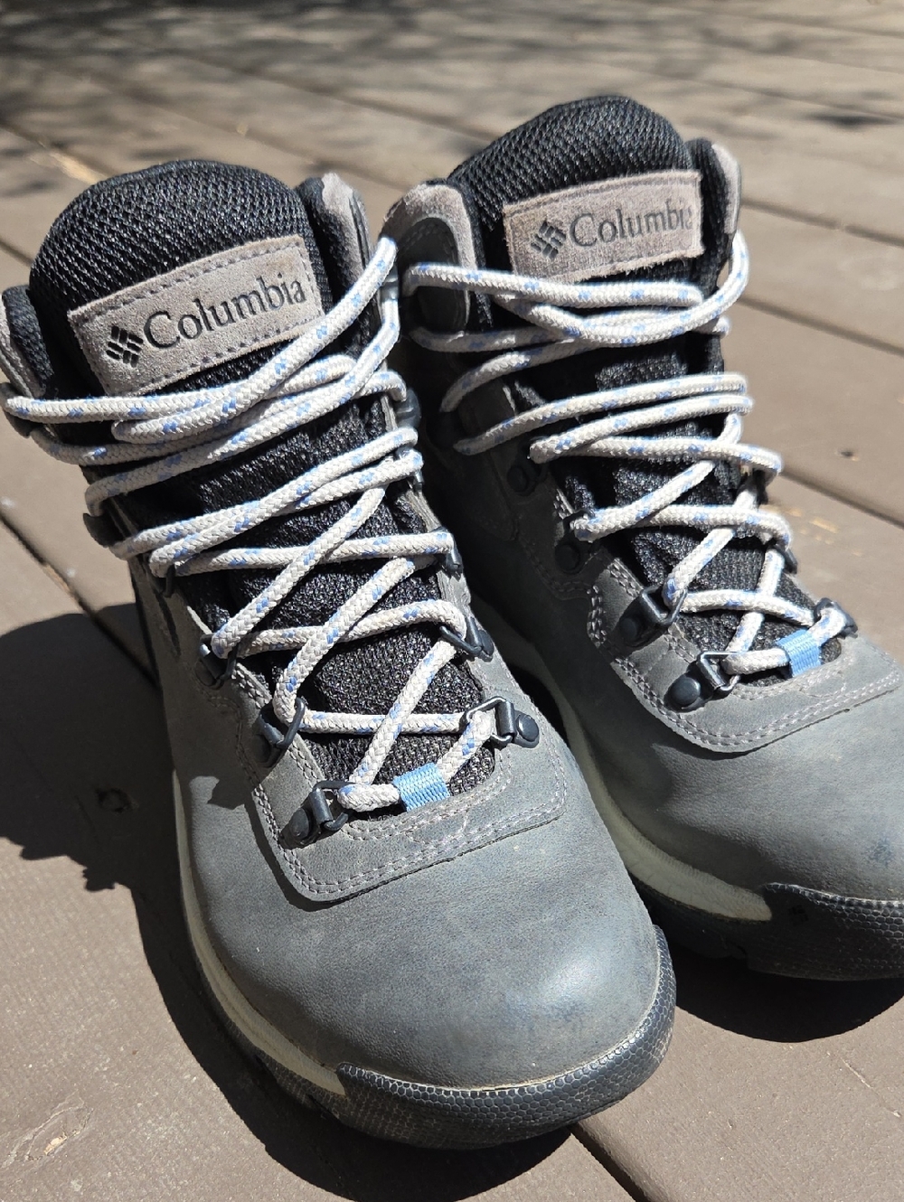 Columbia Gray Waterproof Hiking Boots with Light Blue Lace Accents